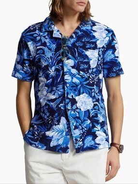 Polo Ralph Lauren Floral Cotton Terry Camp Shirt, Blue, Size L